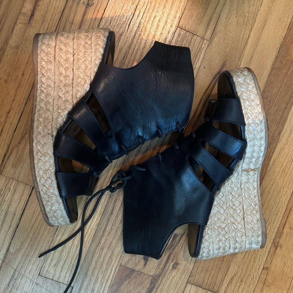 Black Leather Lace-Up Wedge Sandals